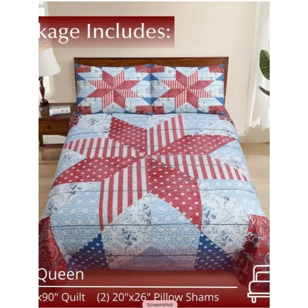 Americana Liberty Star Vintage Look King Quilt Set Patriotic Red White Blue